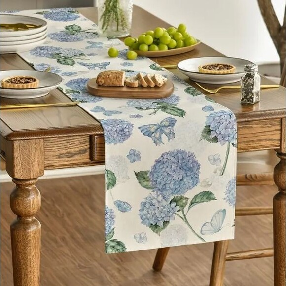 Table Runner 13x108in Woven Polyester Blue Hydrangeas Butterflies Floral - Picture 2 of 3